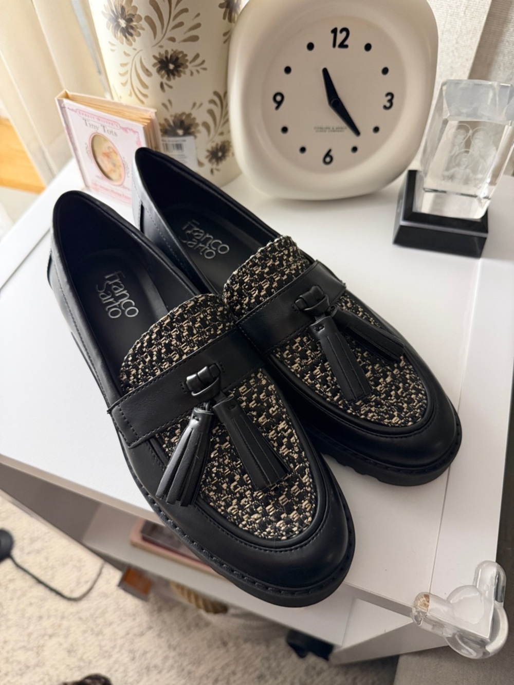 Franco Sarto Black and Beige Tweed Tassel Loafers